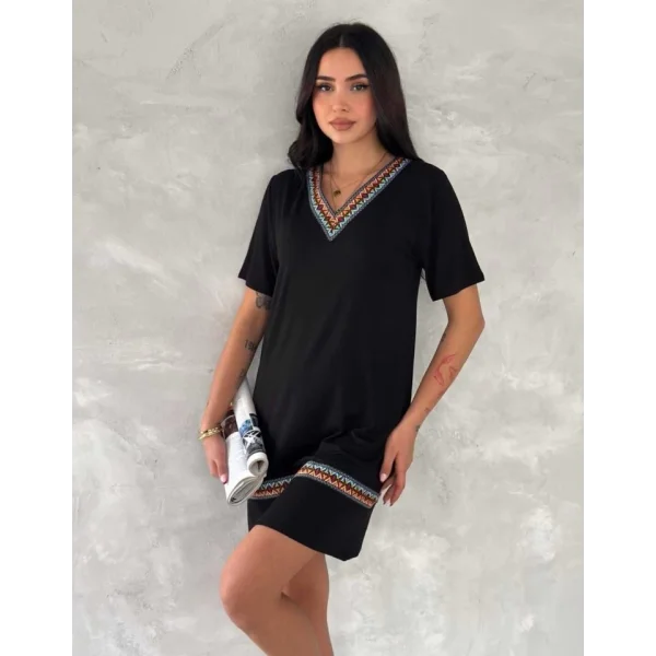 Kadın Kısa Kollu V Yakalı Etnik Desen şerit Detaylı Viskon Elbise