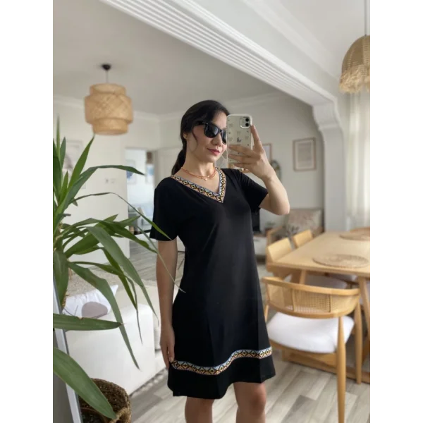 Kadın Kısa Kollu V Yakalı Etnik Desen şerit Detaylı Viskon Elbise