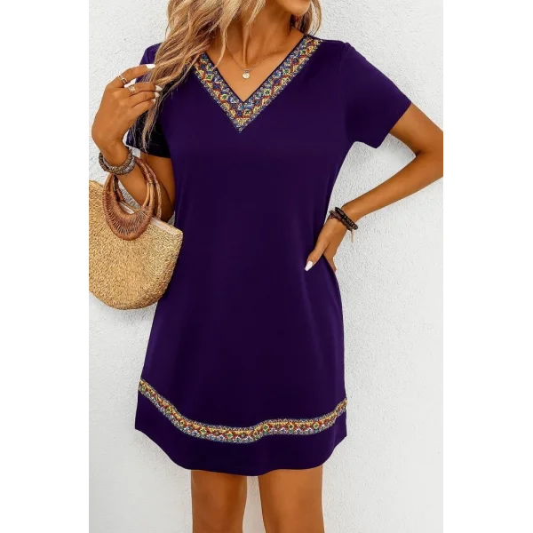 Kadın Kısa Kollu V Yakalı Etnik Desen şerit Detaylı Viskon Elbise