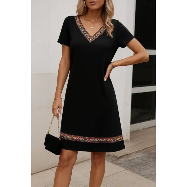 Kadın Kısa Kollu V Yakalı Etnik Desen şerit Detaylı Viskon Elbise