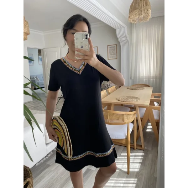 Kadın Kısa Kollu V Yakalı Etnik Desen şerit Detaylı Viskon Elbise