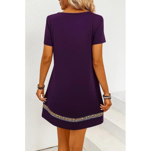 Kadın Kısa Kollu V Yakalı Etnik Desen şerit Detaylı Viskon Elbise