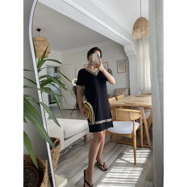 Kadın Kısa Kollu V Yakalı Etnik Desen şerit Detaylı Viskon Elbise