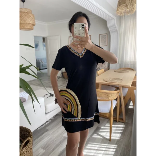 Kadın Kısa Kollu V Yakalı Etnik Desen şerit Detaylı Viskon Elbise