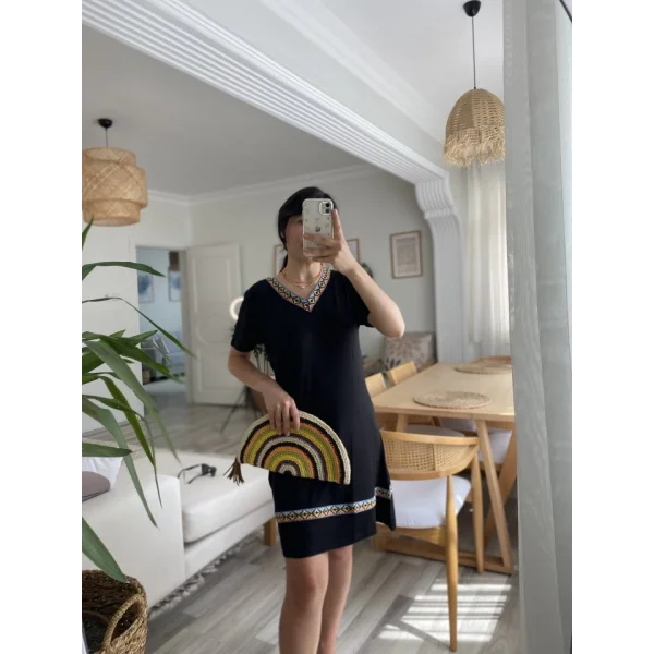 Kadın Kısa Kollu V Yakalı Etnik Desen şerit Detaylı Viskon Elbise