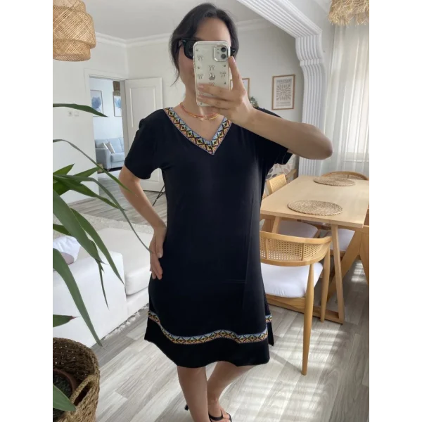 Kadın Kısa Kollu V Yakalı Etnik Desen şerit Detaylı Viskon Elbise