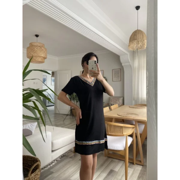 Kadın Kısa Kollu V Yakalı Etnik Desen şerit Detaylı Viskon Elbise