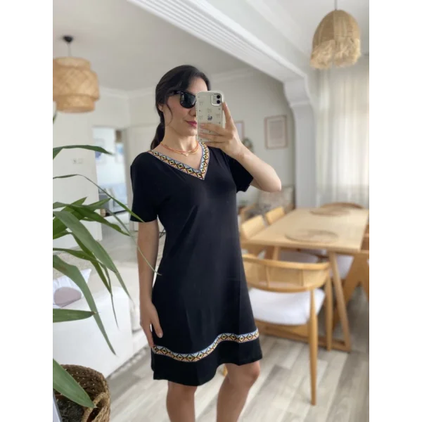 Kadın Kısa Kollu V Yakalı Etnik Desen şerit Detaylı Viskon Elbise