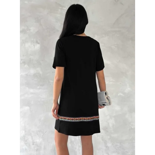 Kadın Kısa Kollu V Yakalı Etnik Desen şerit Detaylı Viskon Elbise