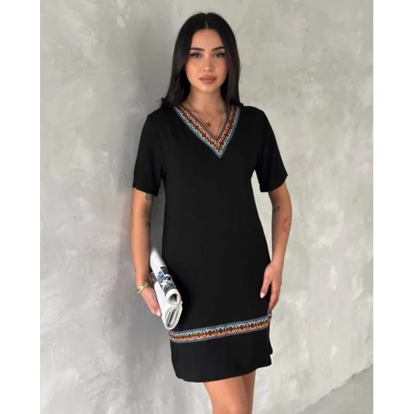 Kadın Kısa Kollu V Yakalı Etnik Desen şerit Detaylı Viskon Elbise