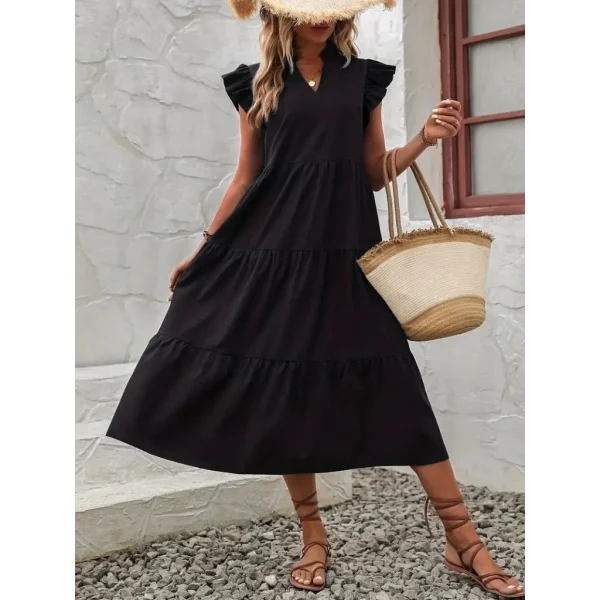 Kadın Kısa Kollu V Yakalı Geniş Kesim Uzun Trikoton Elbise