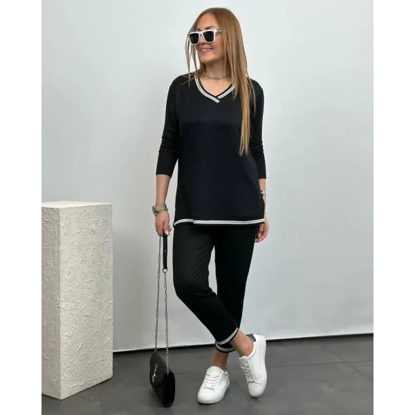 Kadın Kısa Kollu V Yakalı Iki Iplik Bluz Ve Pantolon Ikili Takım