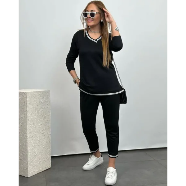 Kadın Kısa Kollu V Yakalı Iki Iplik Bluz Ve Pantolon Ikili Takım