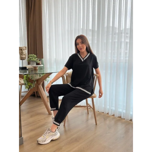 Kadın Kısa Kollu V Yakalı Iki Iplik Bluz Ve Pantolon Ikili Takım