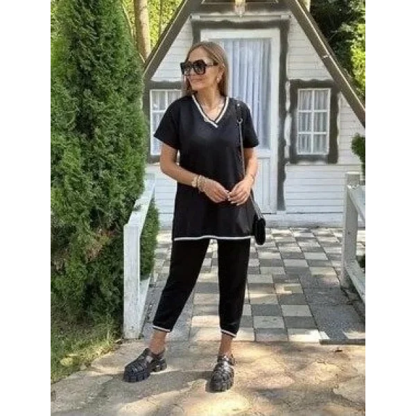 Kadın Kısa Kollu V Yakalı Iki Iplik Bluz Ve Pantolon Ikili Takım