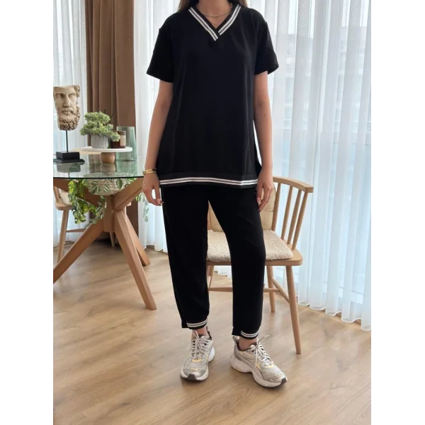 Kadın Kısa Kollu V Yakalı Iki Iplik Bluz Ve Pantolon Ikili Takım