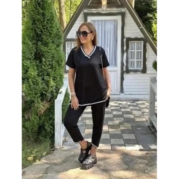 Kadın Kısa Kollu V Yakalı Iki Iplik Bluz Ve Pantolon Ikili Takım