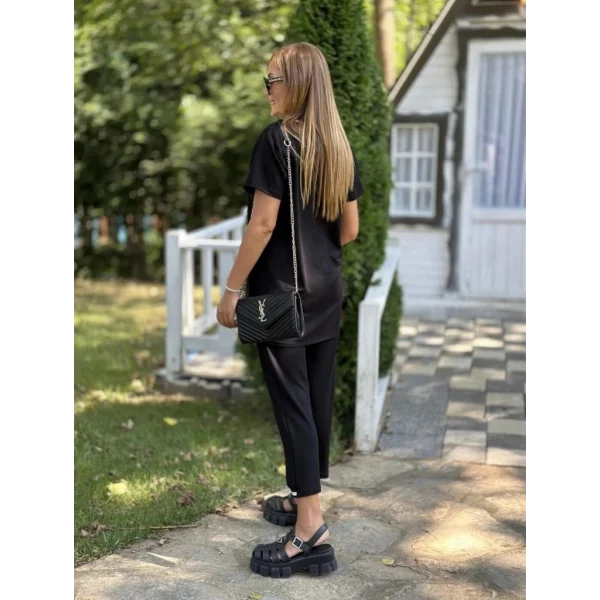 Kadın Kısa Kollu V Yakalı Iki Iplik Bluz Ve Pantolon Ikili Takım