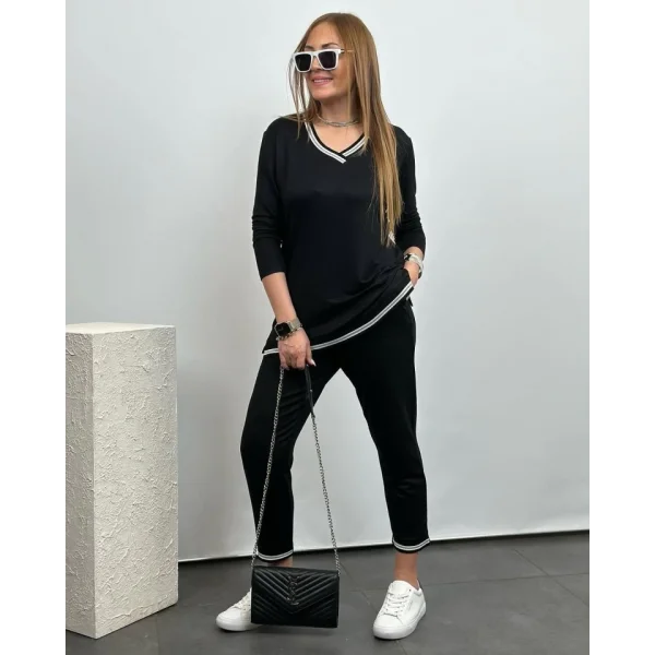 Kadın Kısa Kollu V Yakalı Iki Iplik Bluz Ve Pantolon Ikili Takım