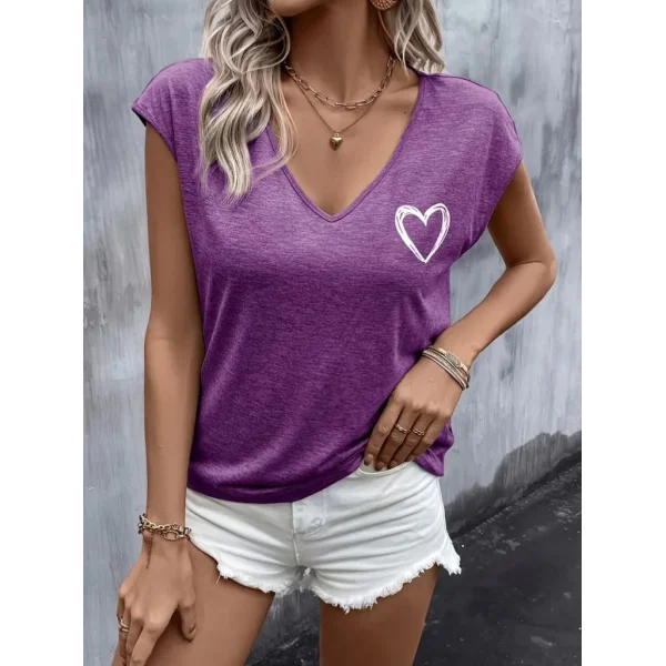 Kadın Kısa Kollu V Yakalı Kalp Baskılı Viskon Bluz