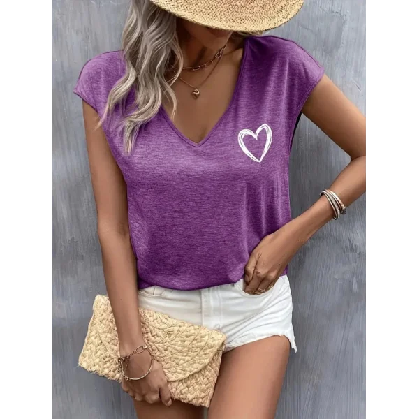 Kadın Kısa Kollu V Yakalı Kalp Baskılı Viskon Bluz