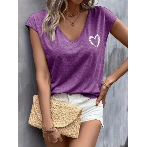 Kadın Kısa Kollu V Yakalı Kalp Baskılı Viskon Bluz