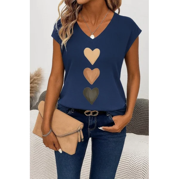 Kadın Kısa Kollu V Yakalı Kalp Desen Viskon Bluz