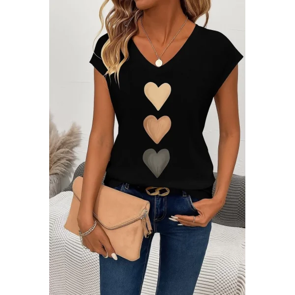 Kadın Kısa Kollu V Yakalı Kalp Desen Viskon Bluz