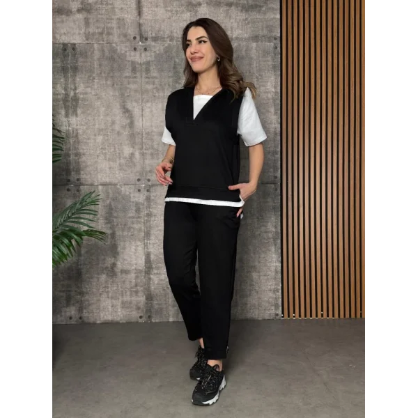 Kadın Kısa Kollu V Yakalı Kapşonlu Viskon Iki Iplik Bluz Ve Pantolon Takım