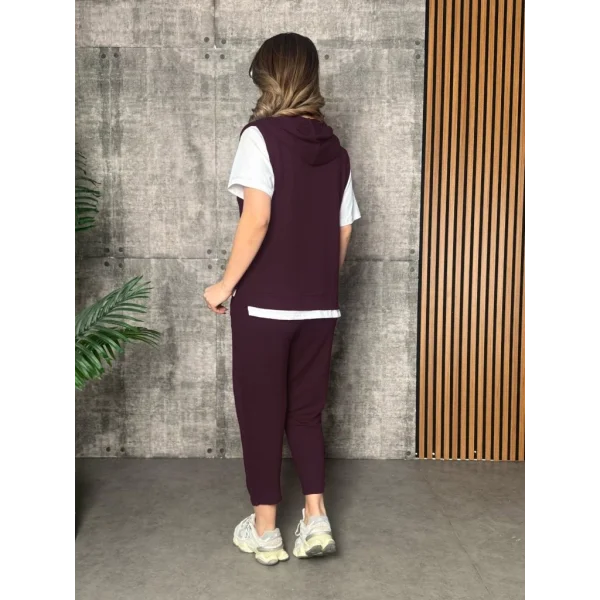 Kadın Kısa Kollu V Yakalı Kapşonlu Viskon Iki Iplik Bluz Ve Pantolon Takım