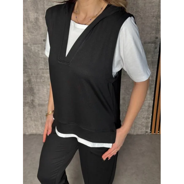 Kadın Kısa Kollu V Yakalı Kapşonlu Viskon Iki Iplik Bluz Ve Pantolon Takım