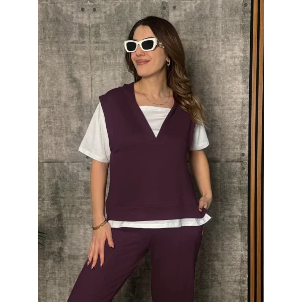 Kadın Kısa Kollu V Yakalı Kapşonlu Viskon Iki Iplik Bluz Ve Pantolon Takım