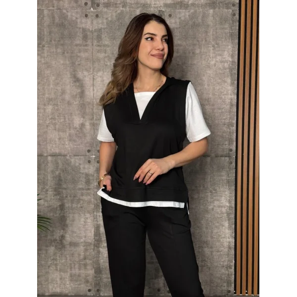 Kadın Kısa Kollu V Yakalı Kapşonlu Viskon Iki Iplik Bluz Ve Pantolon Takım