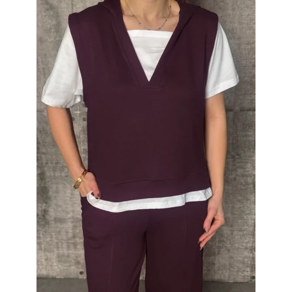 Kadın Kısa Kollu V Yakalı Kapşonlu Viskon Iki Iplik Bluz Ve Pantolon Takım