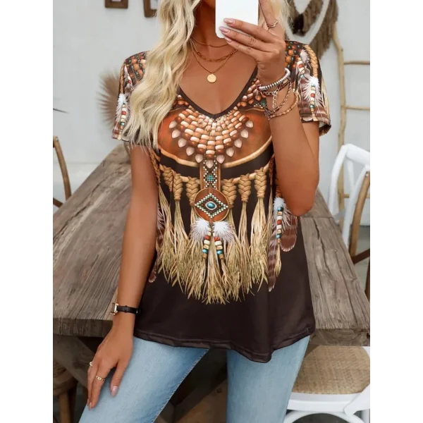 Kadın Kısa Kollu V Yakalı Kısa Kollu Salaş Desenli Süprem Bluz