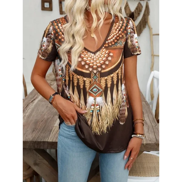 Kadın Kısa Kollu V Yakalı Kısa Kollu Salaş Desenli Süprem Bluz