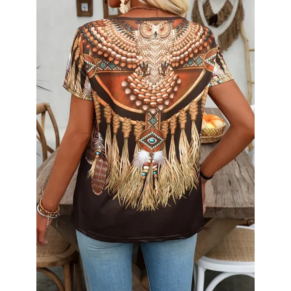 Kadın Kısa Kollu V Yakalı Kısa Kollu Salaş Desenli Süprem Bluz