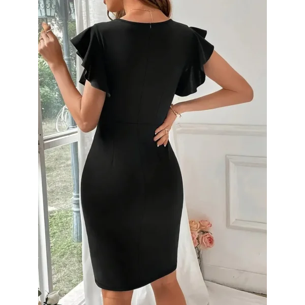 Kadın Kısa Kollu V Yakalı Kolları Volanlı Yandan Yırtmaçlı Kısa Janjan Krep Elbise