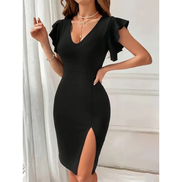 Kadın Kısa Kollu V Yakalı Kolları Volanlı Yandan Yırtmaçlı Kısa Janjan Krep Elbise