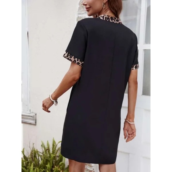 Kadın Kısa Kollu V Yakalı Leopar Desen Detaylı Modal Elbise