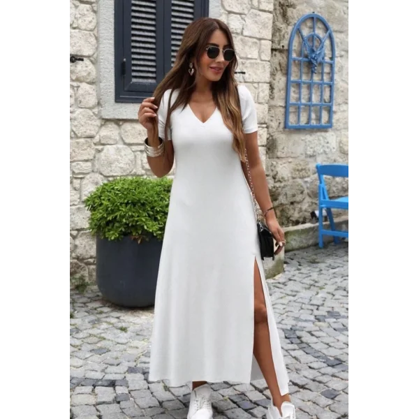 Kadın Kısa Kollu V Yakalı Maksi Boy Viskon Elbise