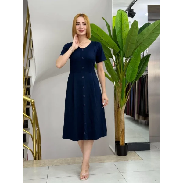 Kadın Kısa Kollu V Yakalı önden Düğmeli A Kesim Dokuma Elbise