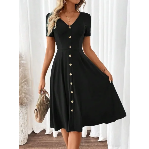 Kadın Kısa Kollu V Yakalı önden Düğmeli A Kesim Dokuma Elbise