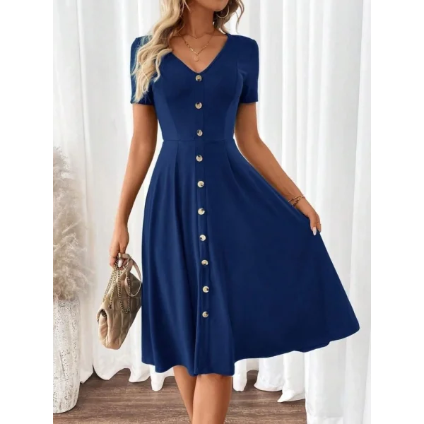 Kadın Kısa Kollu V Yakalı önden Düğmeli A Kesim Dokuma Elbise