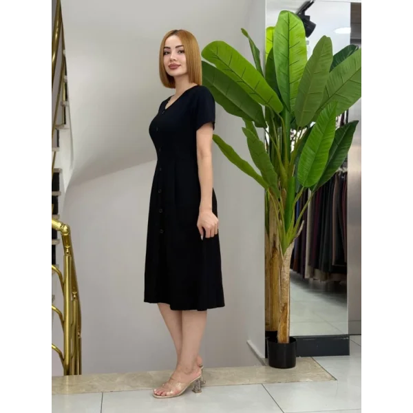 Kadın Kısa Kollu V Yakalı önden Düğmeli A Kesim Dokuma Elbise