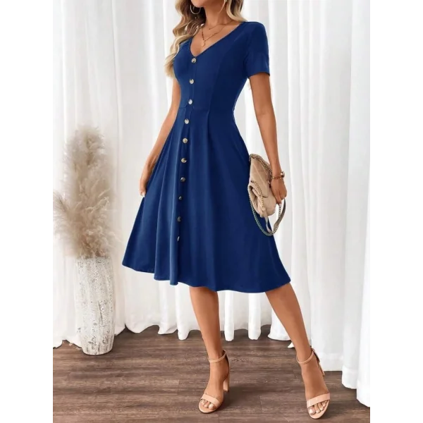 Kadın Kısa Kollu V Yakalı önden Düğmeli A Kesim Dokuma Elbise