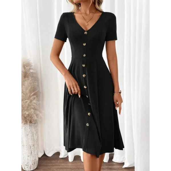 Kadın Kısa Kollu V Yakalı önden Düğmeli A Kesim Dokuma Elbise
