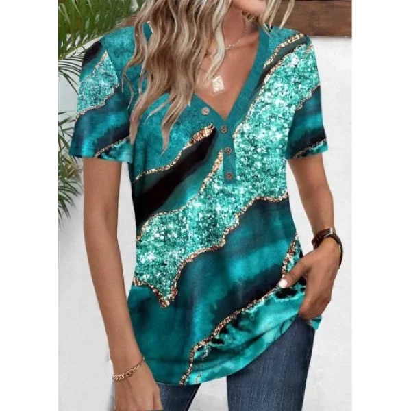 Kadın Kısa Kollu V Yakalı önden Düğmeli Baskılı Süprem Bluz