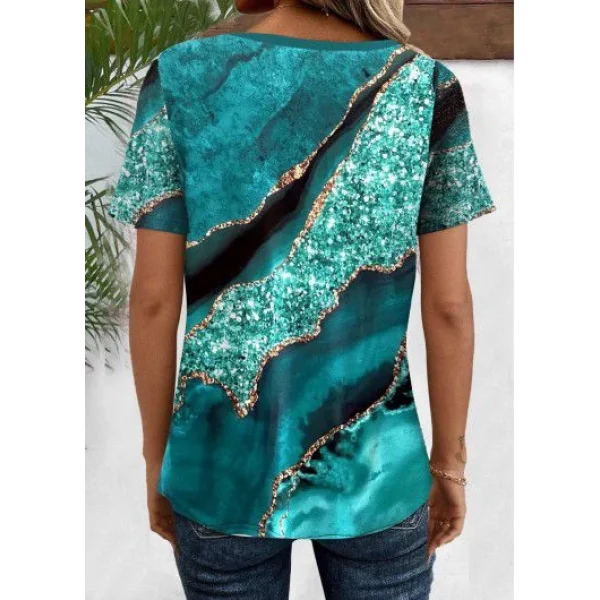 Kadın Kısa Kollu V Yakalı önden Düğmeli Baskılı Süprem Bluz