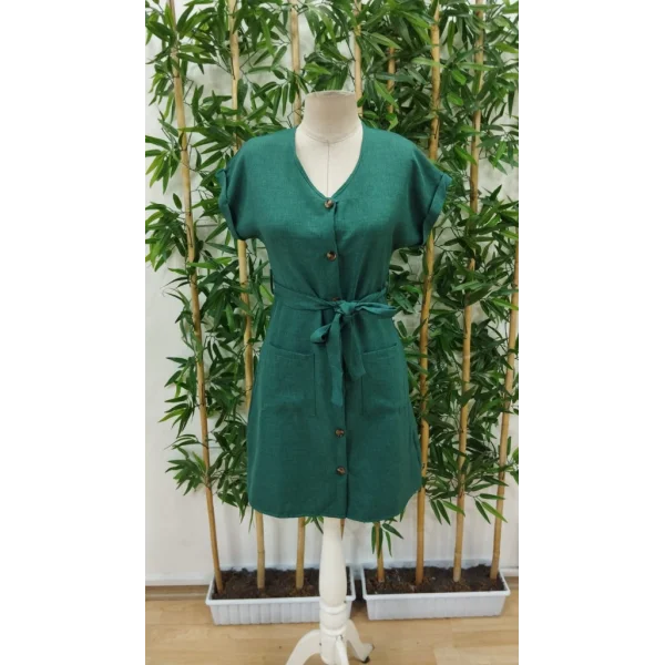 Kadın Kısa Kollu V Yakalı önden Düğmeli Belden Kuşaklı Cepli Sofya Elbise